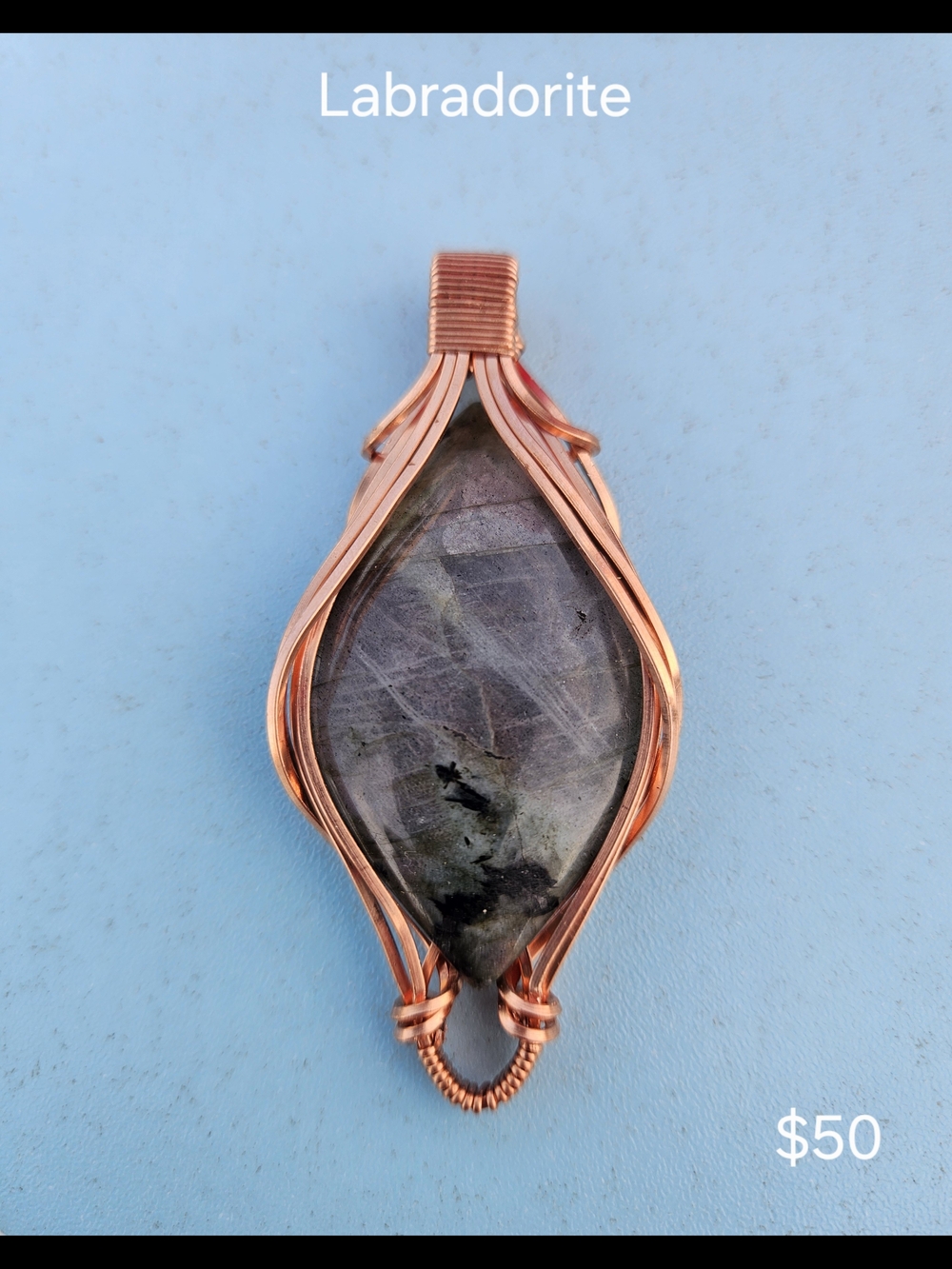 Hand Crafted Labradorite Pendant with Copper Wire